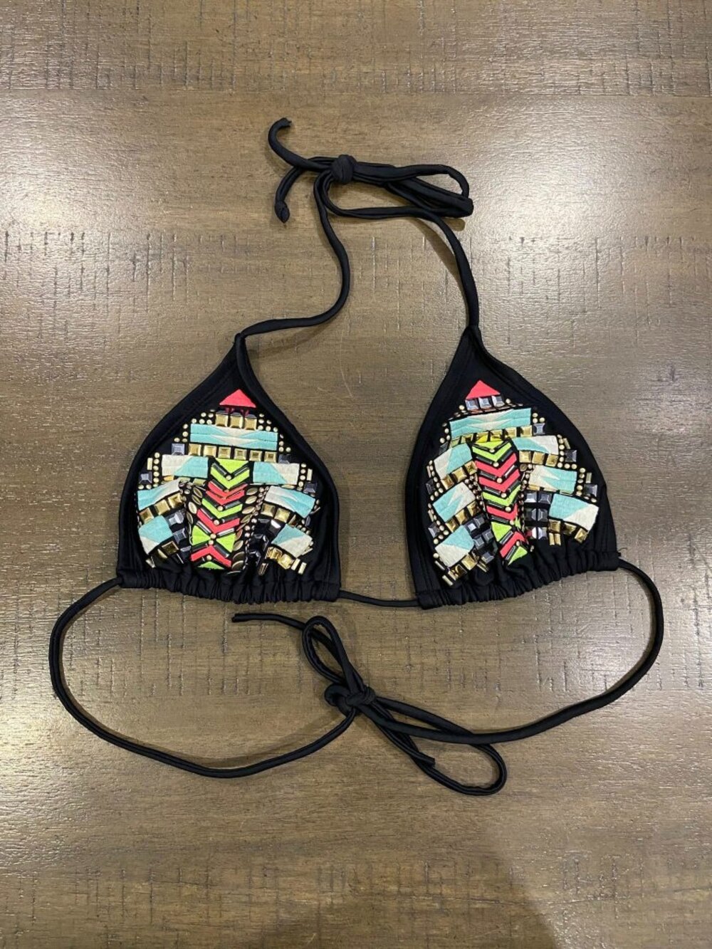 XHILARATION BLACK SWIMSUIT TOP WITH EMBLEMS SIZE L